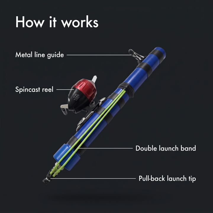 Parts of the slingshot fishing rod: line guide, spincast reel, launch band and launch tip