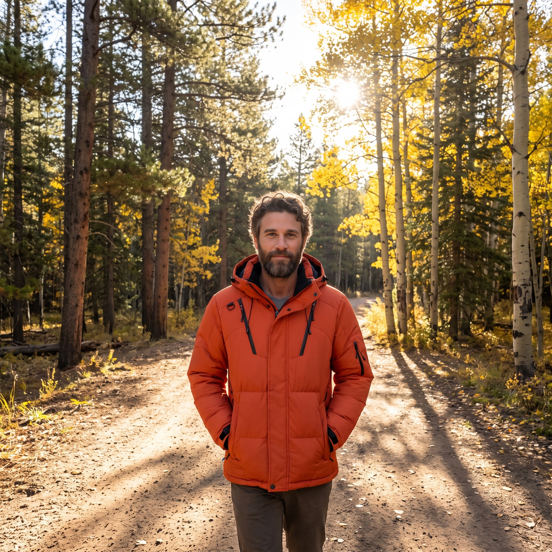 Men's puffer jacket in orange - man on forest trail in early autumn