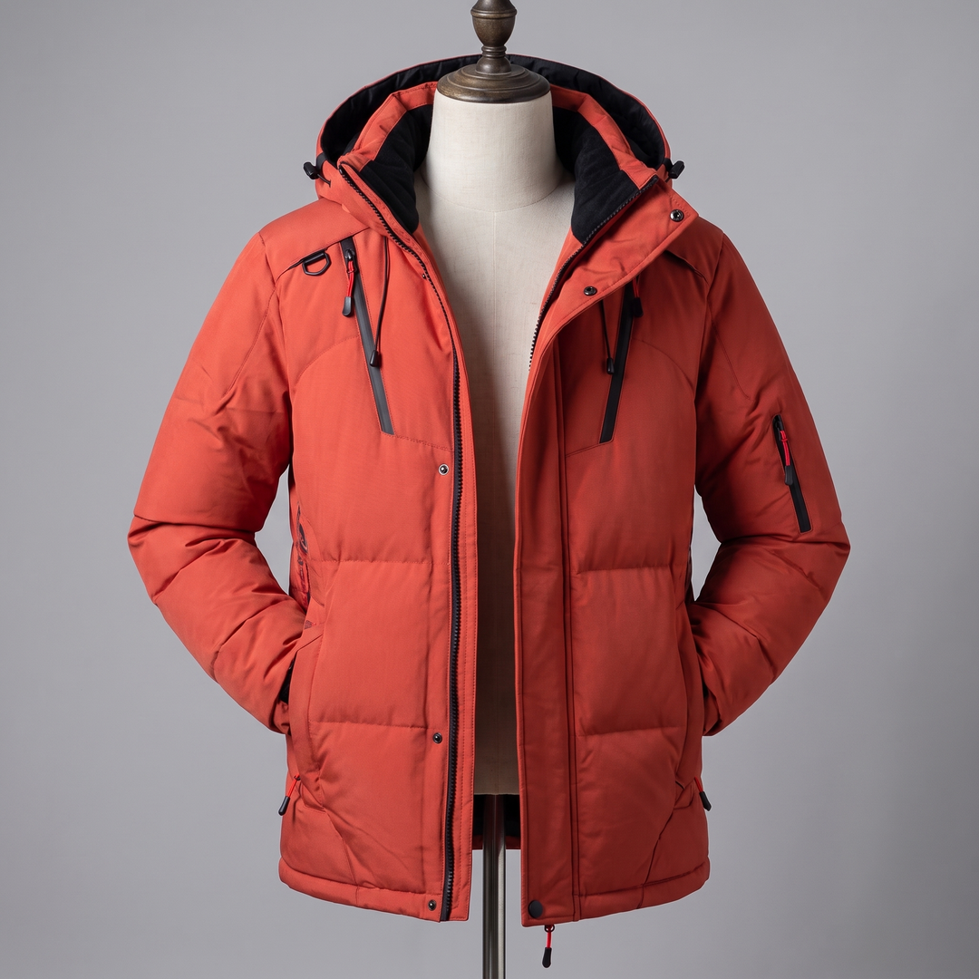 Men's puffer jacket - 7 zip pockets layout front view close-up