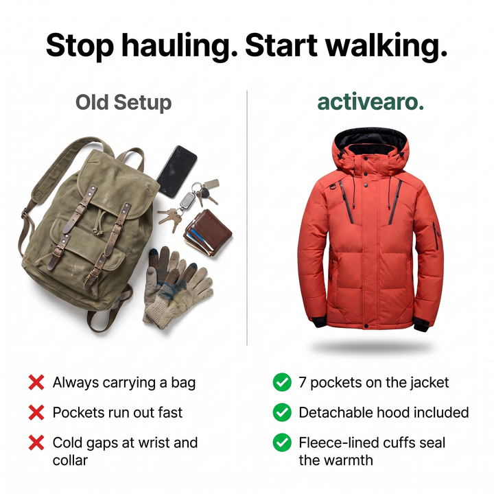 Men's puffer jacket - stop hauling start walking - 7 pockets vs carrying a bag