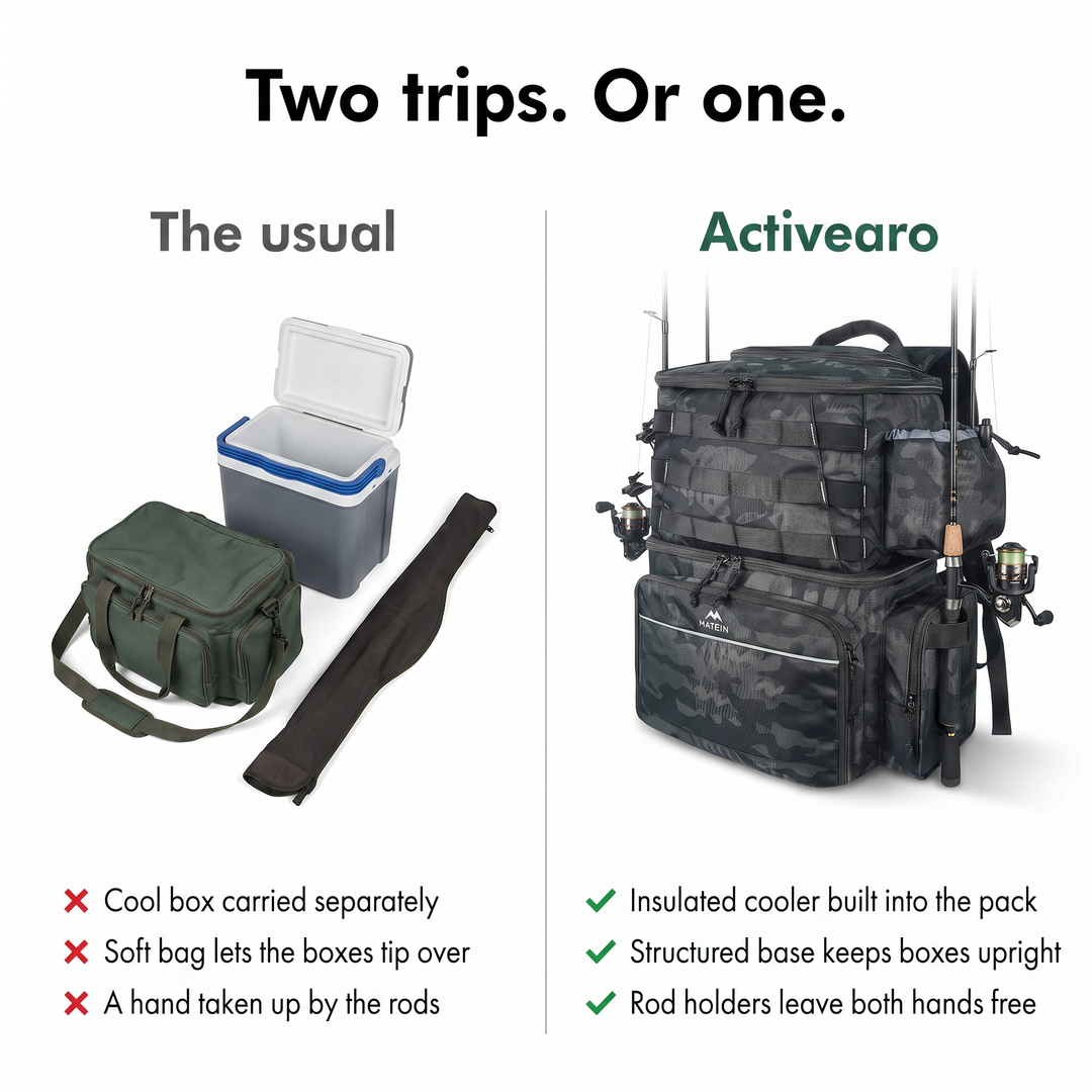 A separate cool box and soft bag compared with one fishing cooler backpack