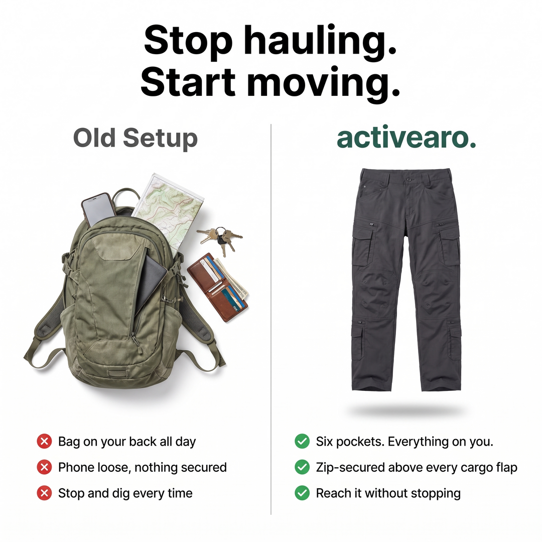 Cargo pants comparison - old setup vs Activearo six-pocket system