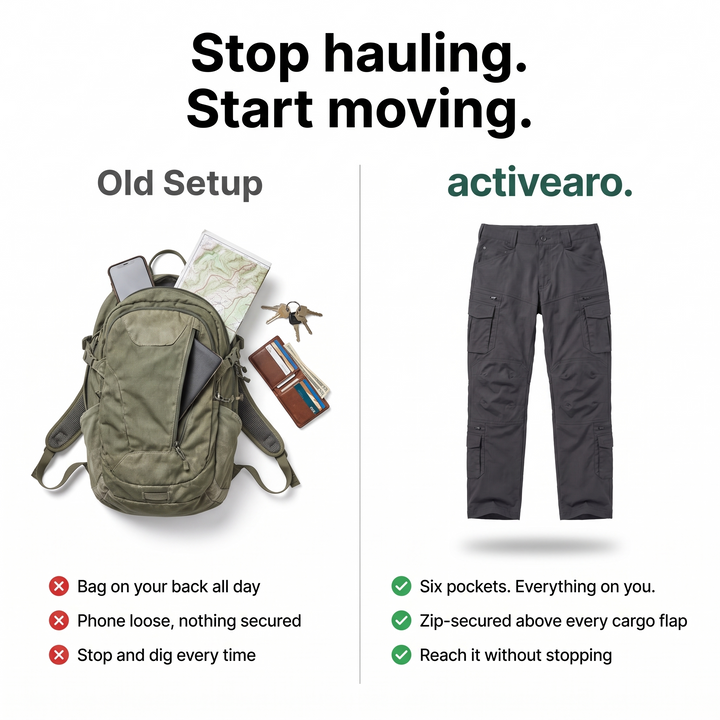 Cargo pants comparison - old setup vs Activearo six-pocket system