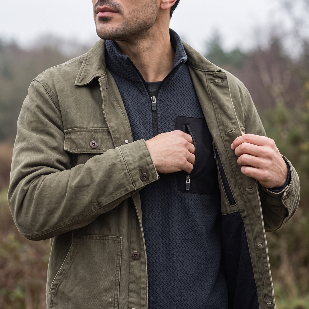 Reaching the zip chest pocket with an open jacket worn over the top