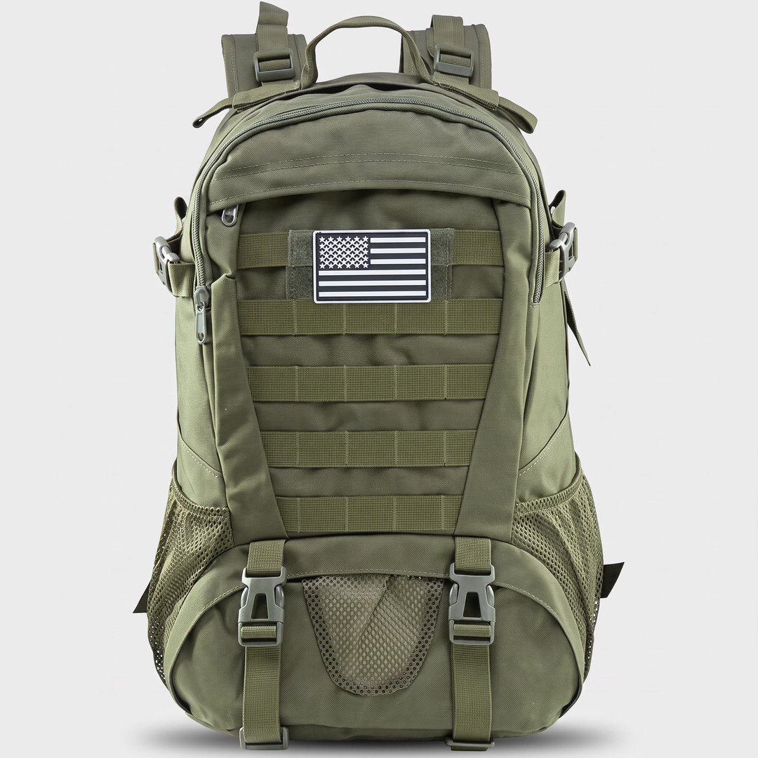 35L tactical MOLLE backpack in army green, front view