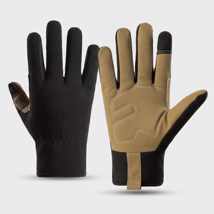 Tactical touchscreen gloves in black, pair showing back and palm