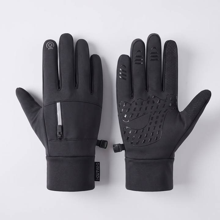 Men's winter cycling gloves in black - flat lay showing zip pocket on back and silicone non-slip palm