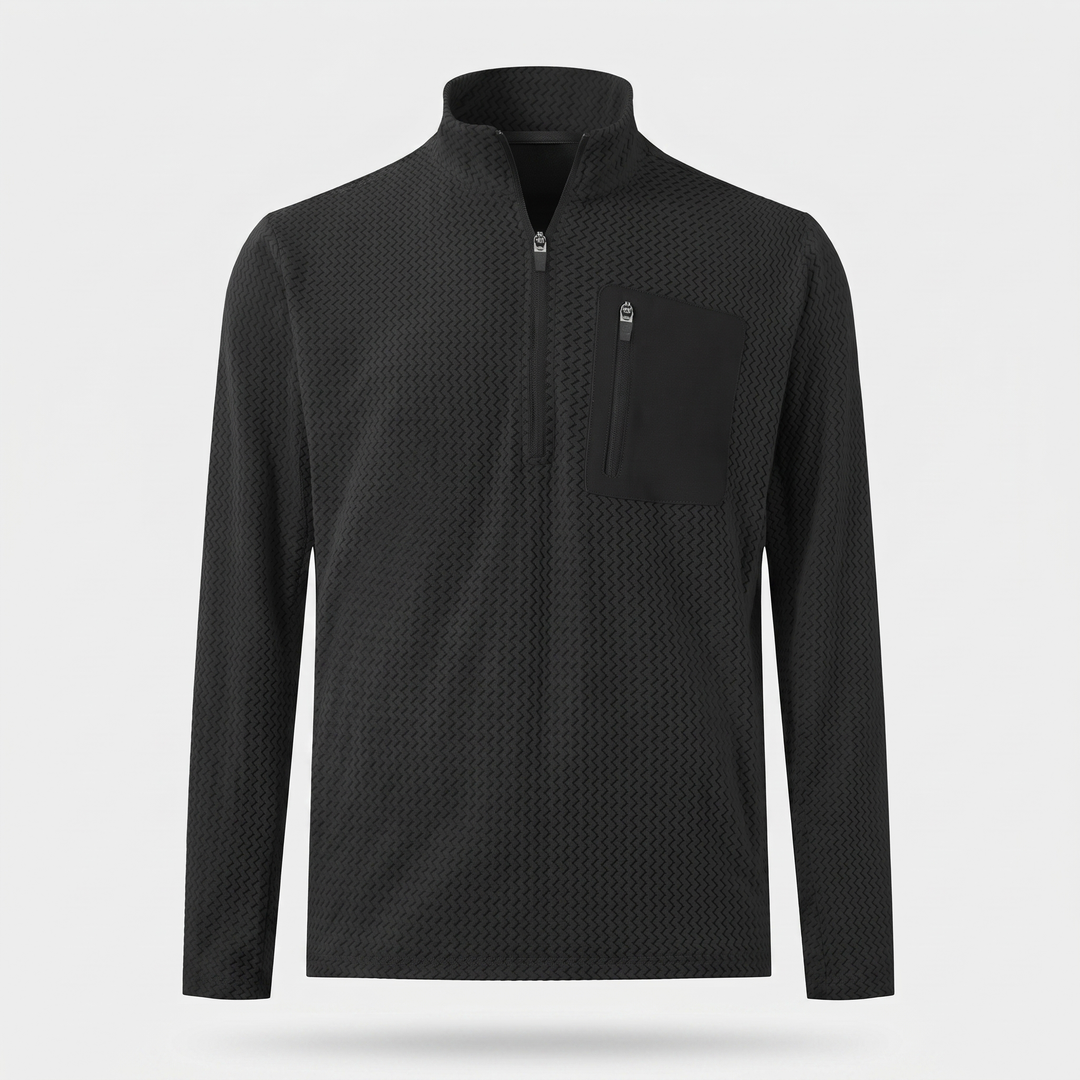Men's textured fleece quarter zip in black, front view