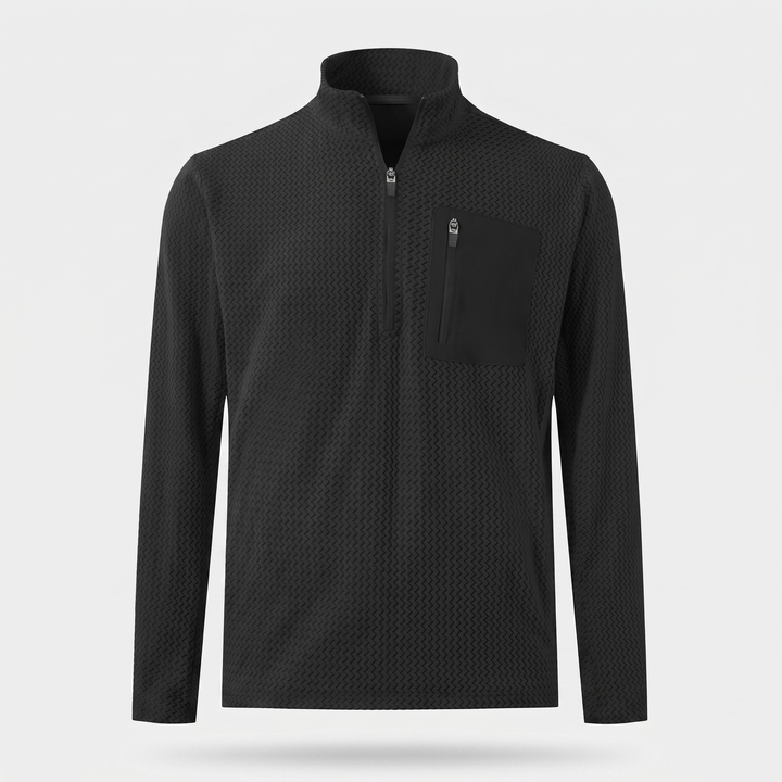 Men's textured fleece quarter zip in black, front view