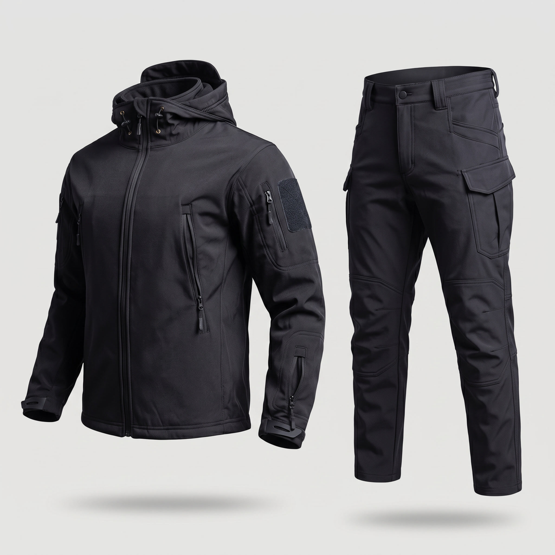 Men's tactical softshell jacket and pants set in black