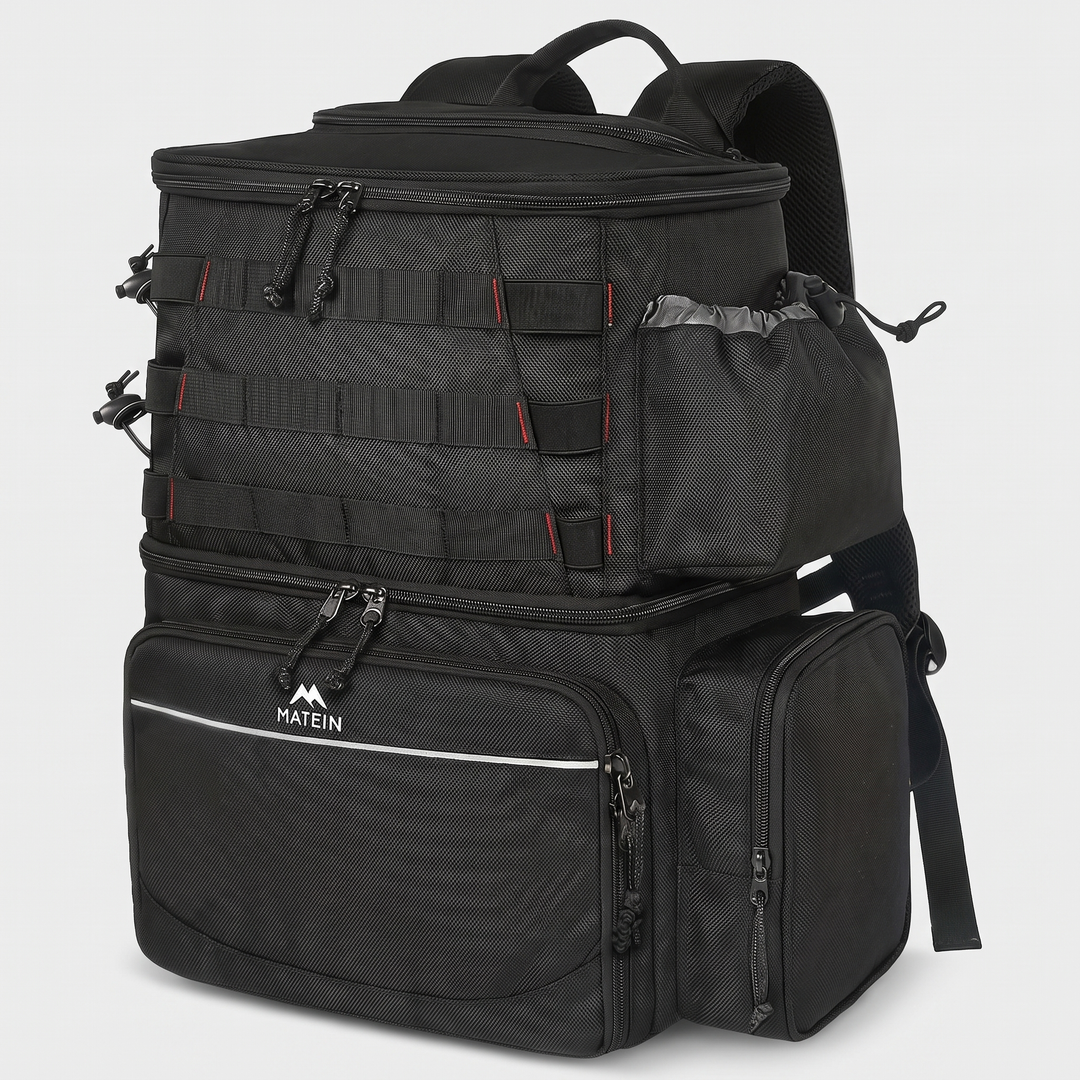 Fishing backpack with cooler compartment in black