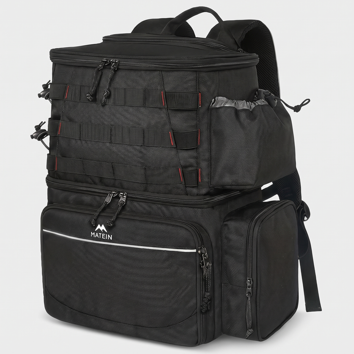 Fishing backpack with cooler compartment in black