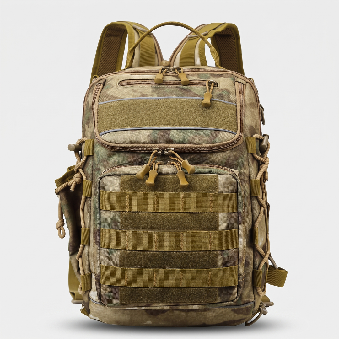 Convertible fishing sling backpack in khaki camouflage