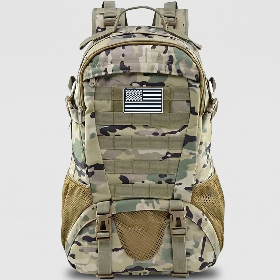 35L tactical MOLLE backpack in camo, front view