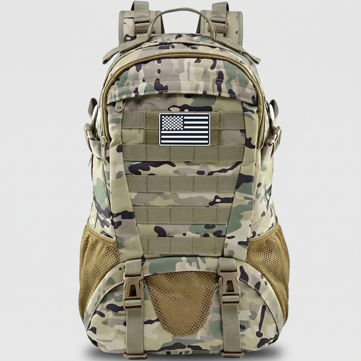 35L tactical MOLLE backpack in camo, front view
