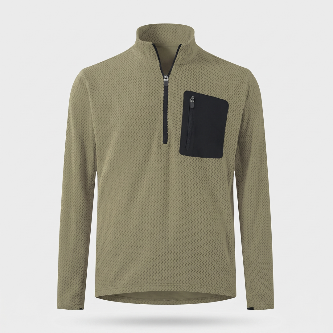 Men's textured fleece quarter zip in desert yellow, front view