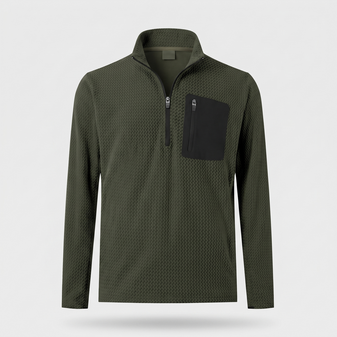 Men's textured fleece quarter zip in forest green, front view