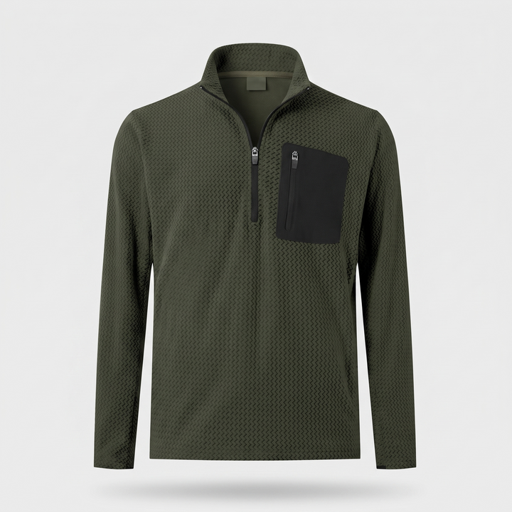 Men's textured fleece quarter zip in forest green, front view