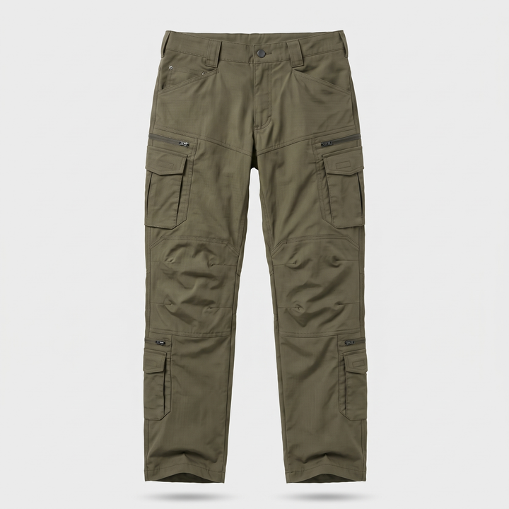 Men's tactical ripstop cargo pants in army green - front view ghost mannequin