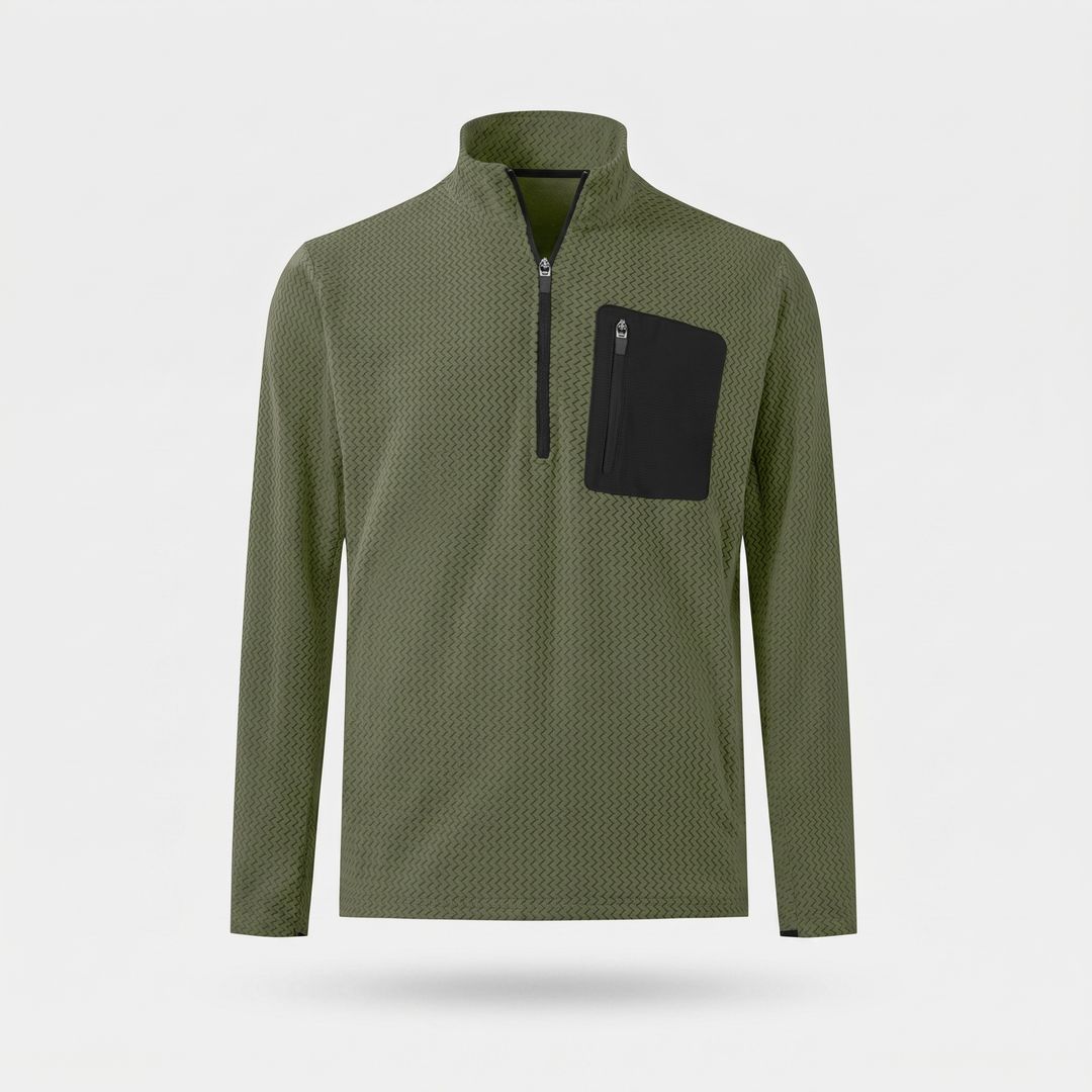 Men's textured fleece quarter zip in green, front view