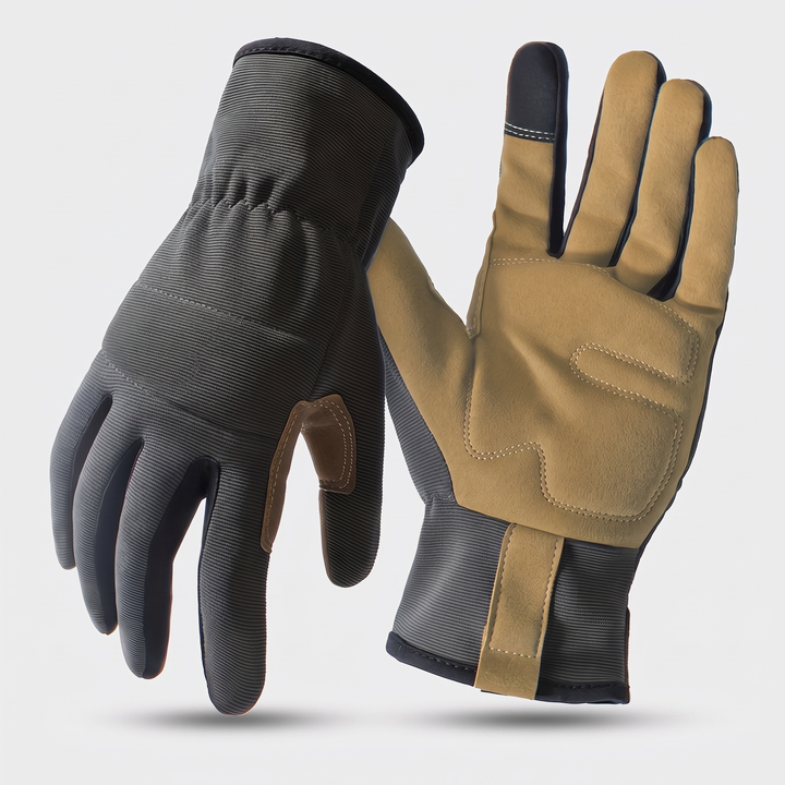 Tactical touchscreen gloves in grey, pair showing back and palm