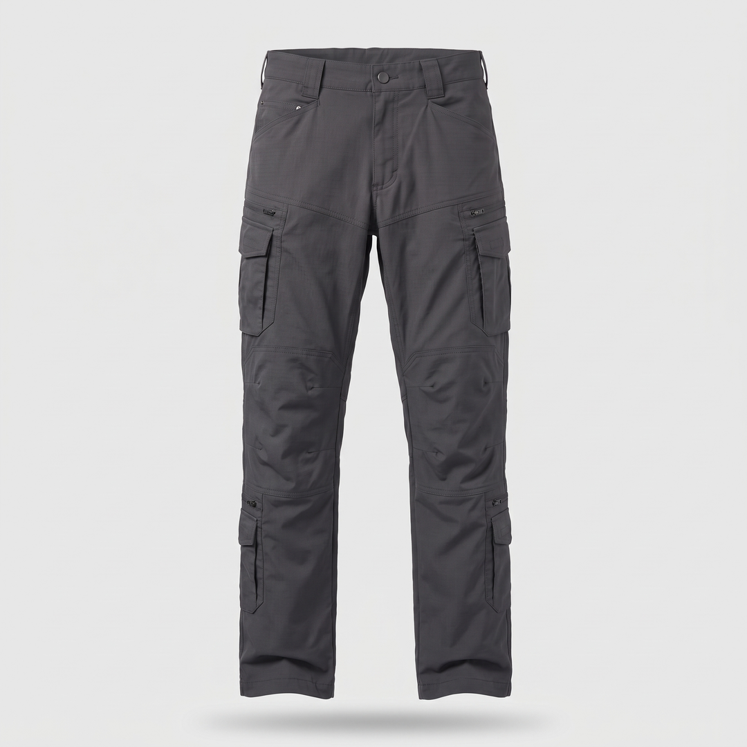 Men's tactical ripstop cargo pants in grey - front view ghost mannequin