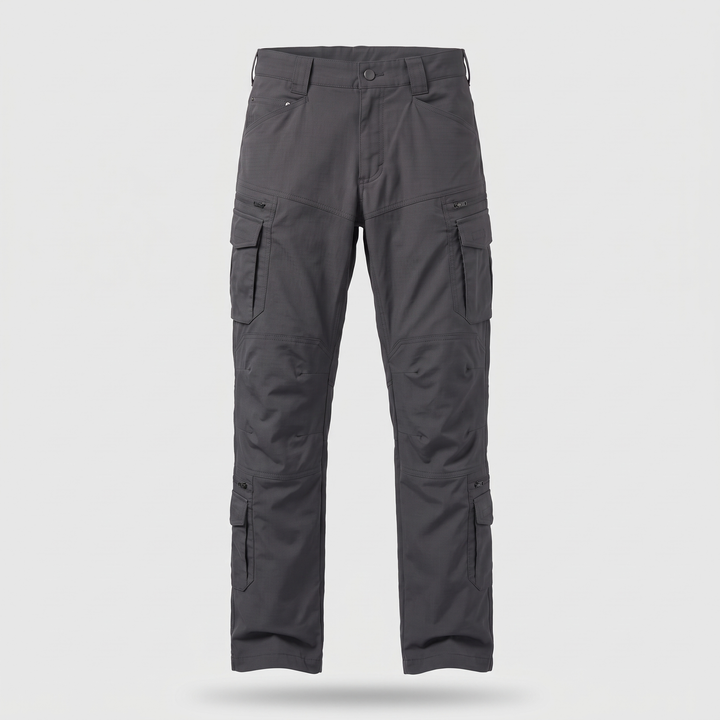 Men's tactical ripstop cargo pants in grey - front view ghost mannequin