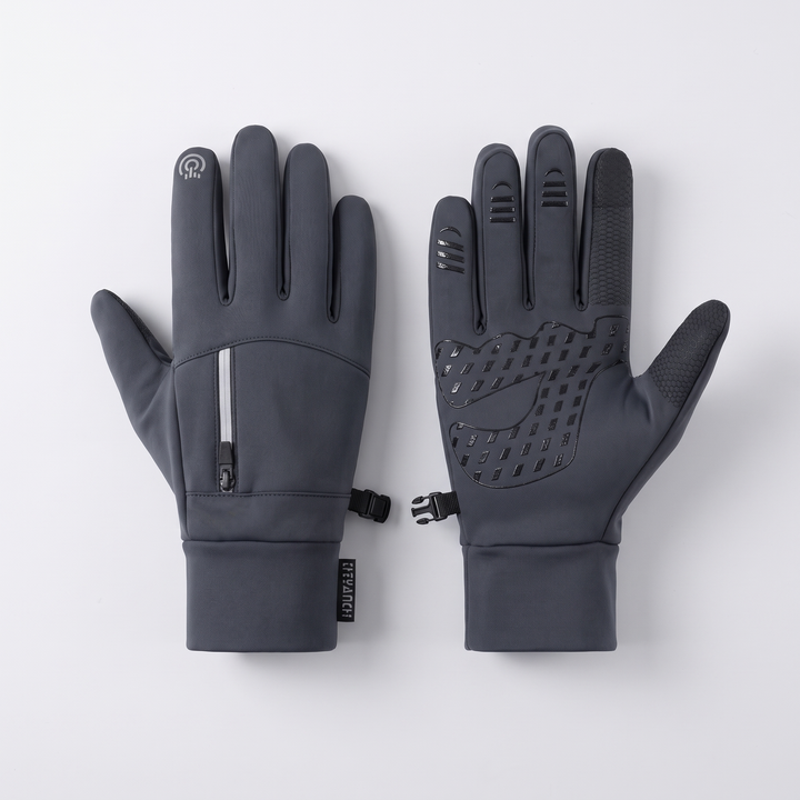 Men's winter cycling gloves in grey - flat lay showing zip pocket on back and silicone non-slip palm