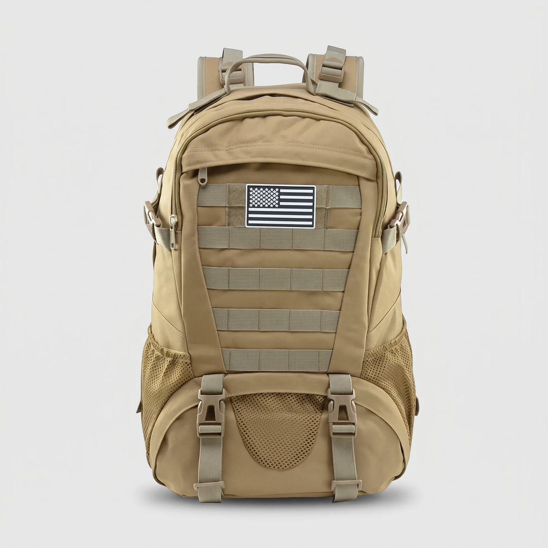 35L tactical MOLLE backpack in khaki, front view