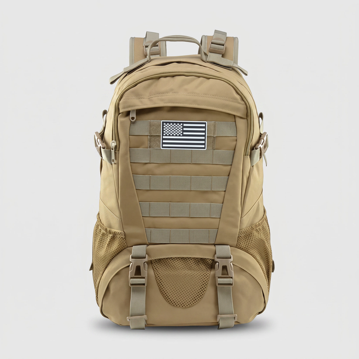 35L tactical MOLLE backpack in khaki, front view