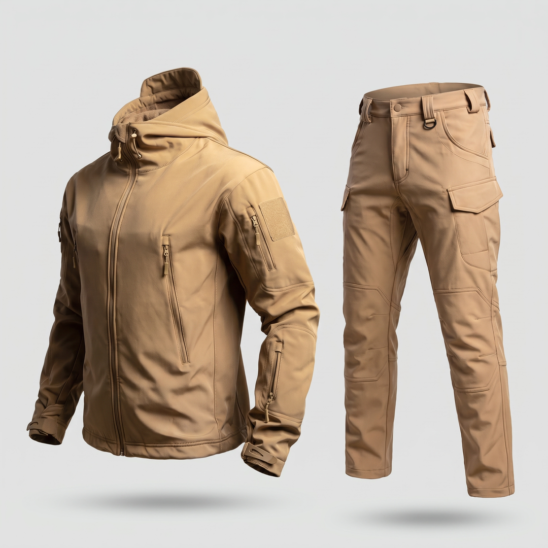 Men's tactical softshell jacket and pants set in khaki