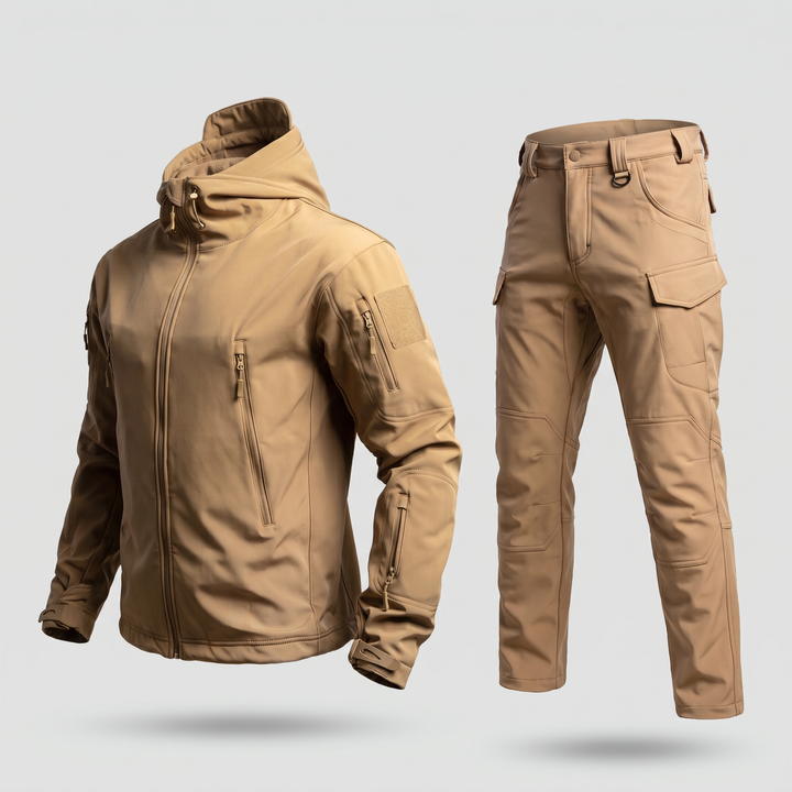 Men's tactical softshell jacket and pants set in khaki