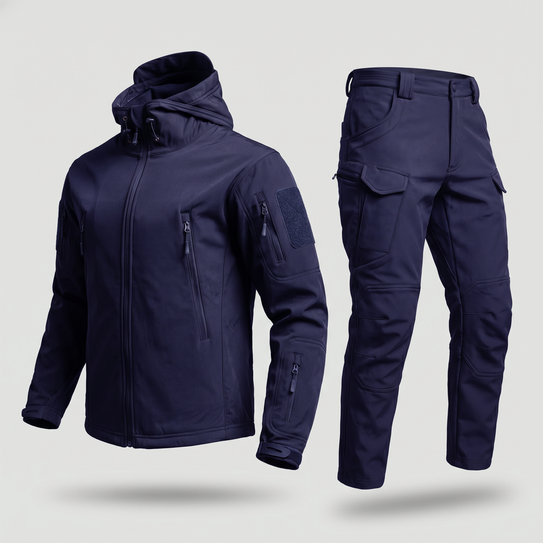 Men's tactical softshell jacket and pants set in navy blue