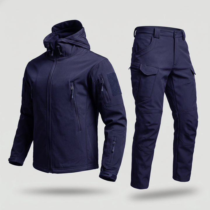 Men's tactical softshell jacket and pants set in navy blue