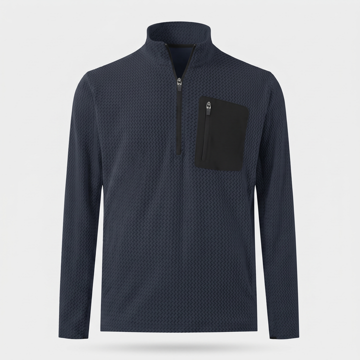 Men's textured fleece quarter zip in navy, front view