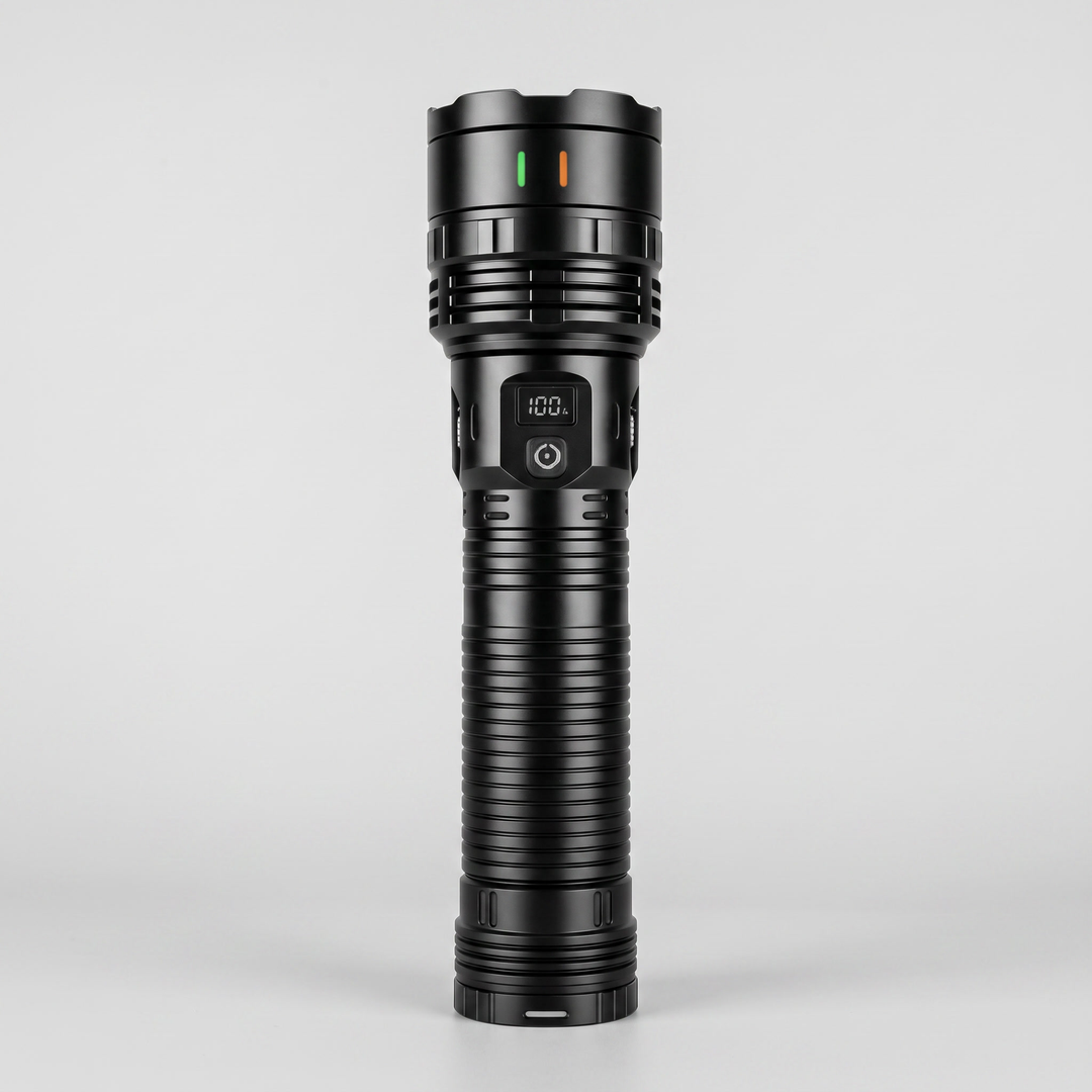 Rechargeable zoom flashlight, front view showing the digital charge display