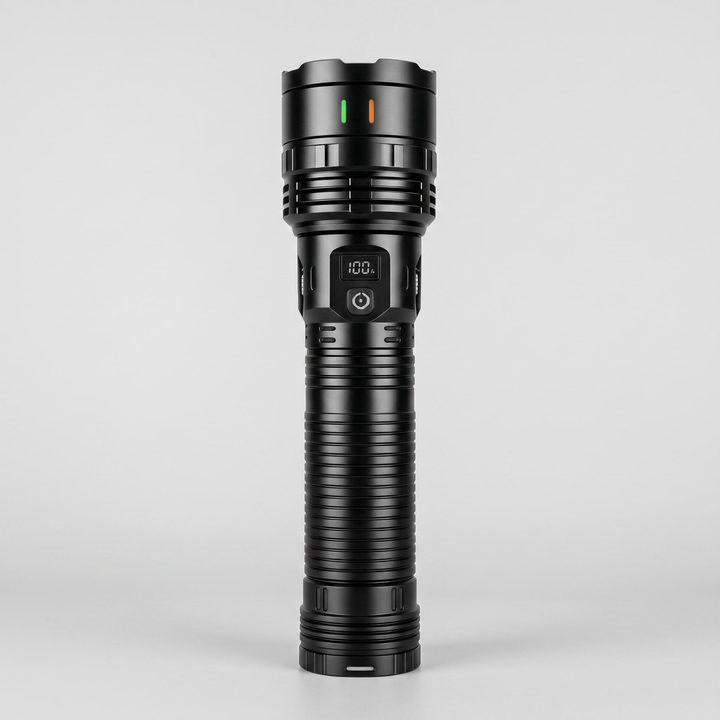 Rechargeable zoom flashlight, front view showing the digital charge display