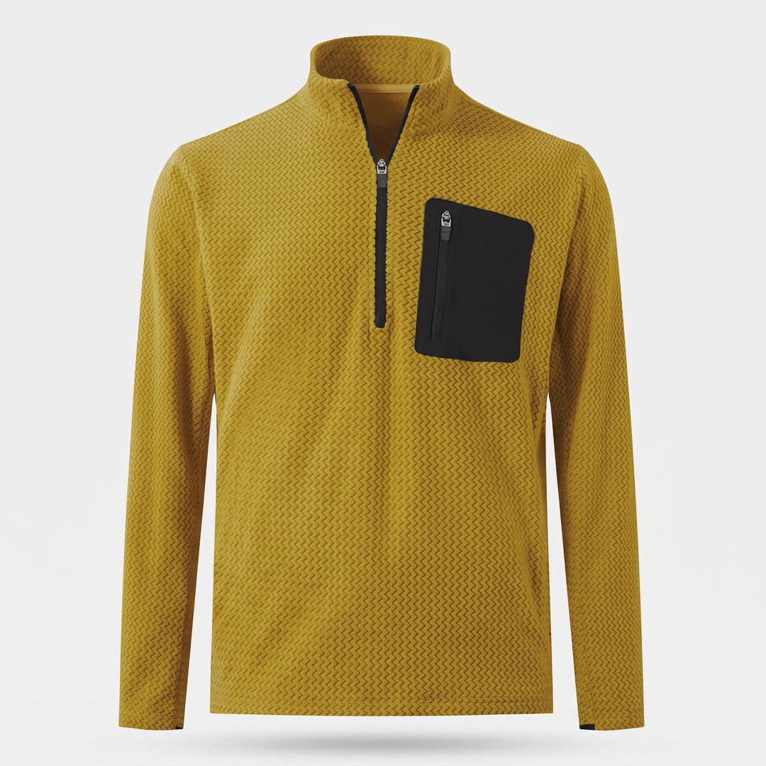 Men's textured fleece quarter zip in yellow, front view