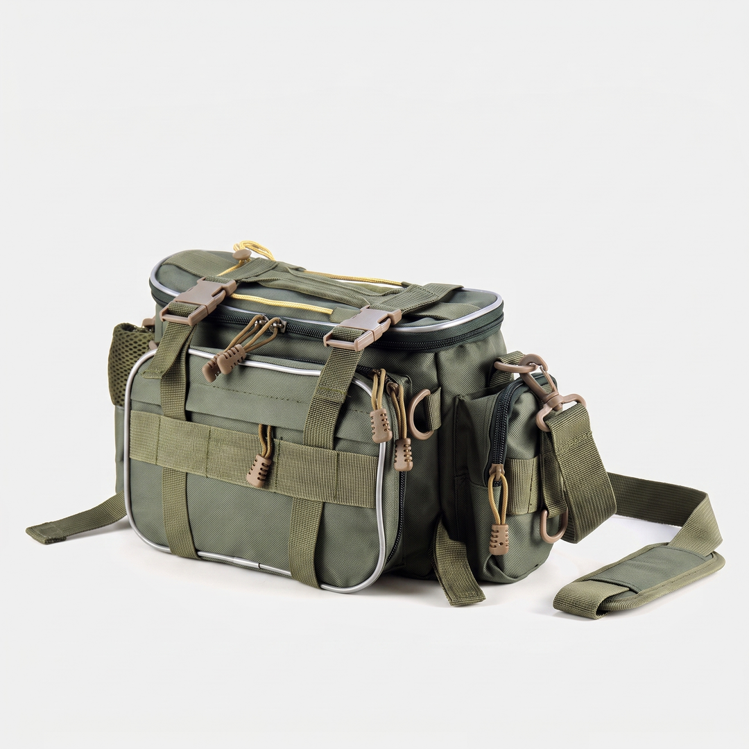 Activearo fishing tackle bag in Olive Drab, three quarter front view