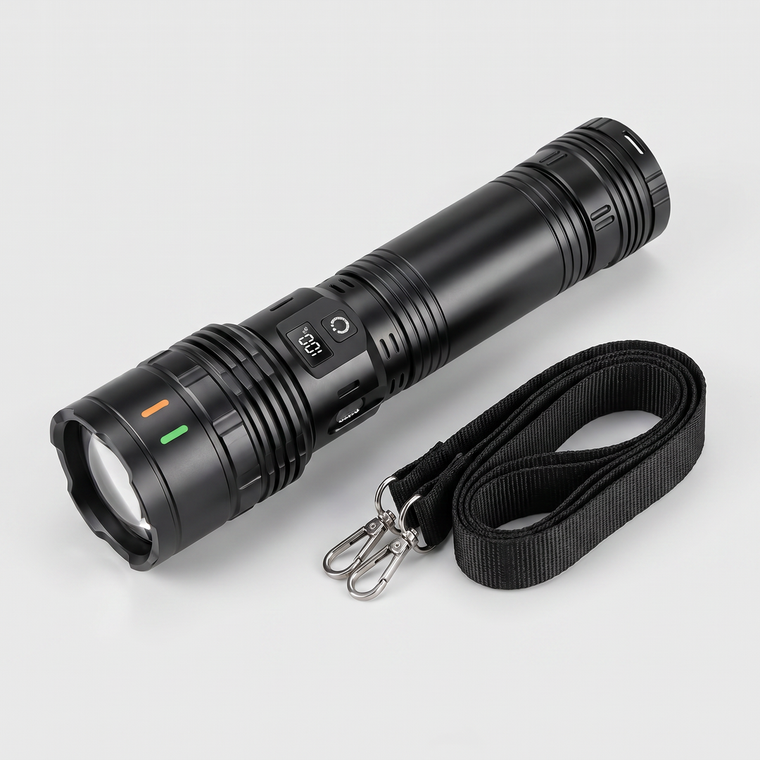 Lens end and tail of the flashlight with the included shoulder sling