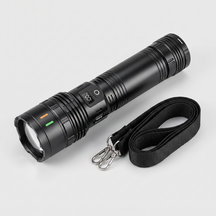 Lens end and tail of the flashlight with the included shoulder sling