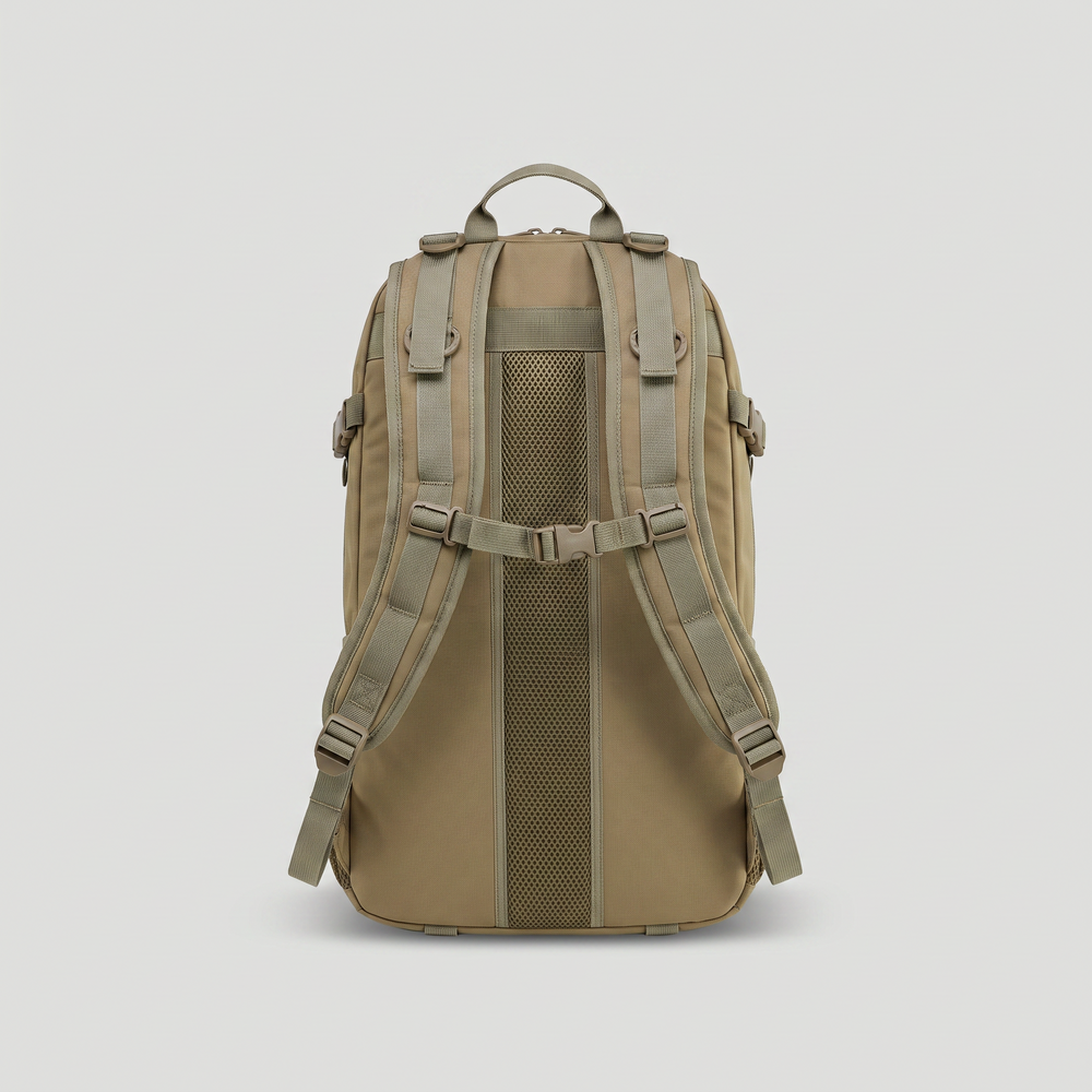 Back view showing the padded harness, sternum strap and mesh back panel
