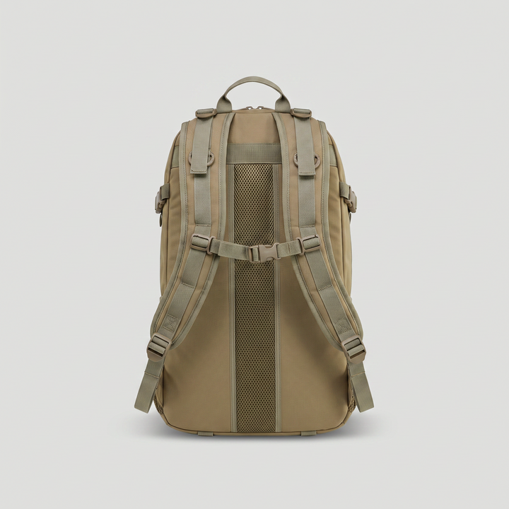 Back view showing the padded harness, sternum strap and mesh back panel