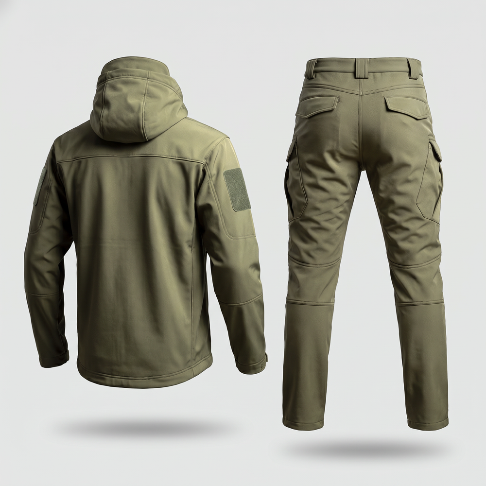Back view of the softshell jacket and tactical pants