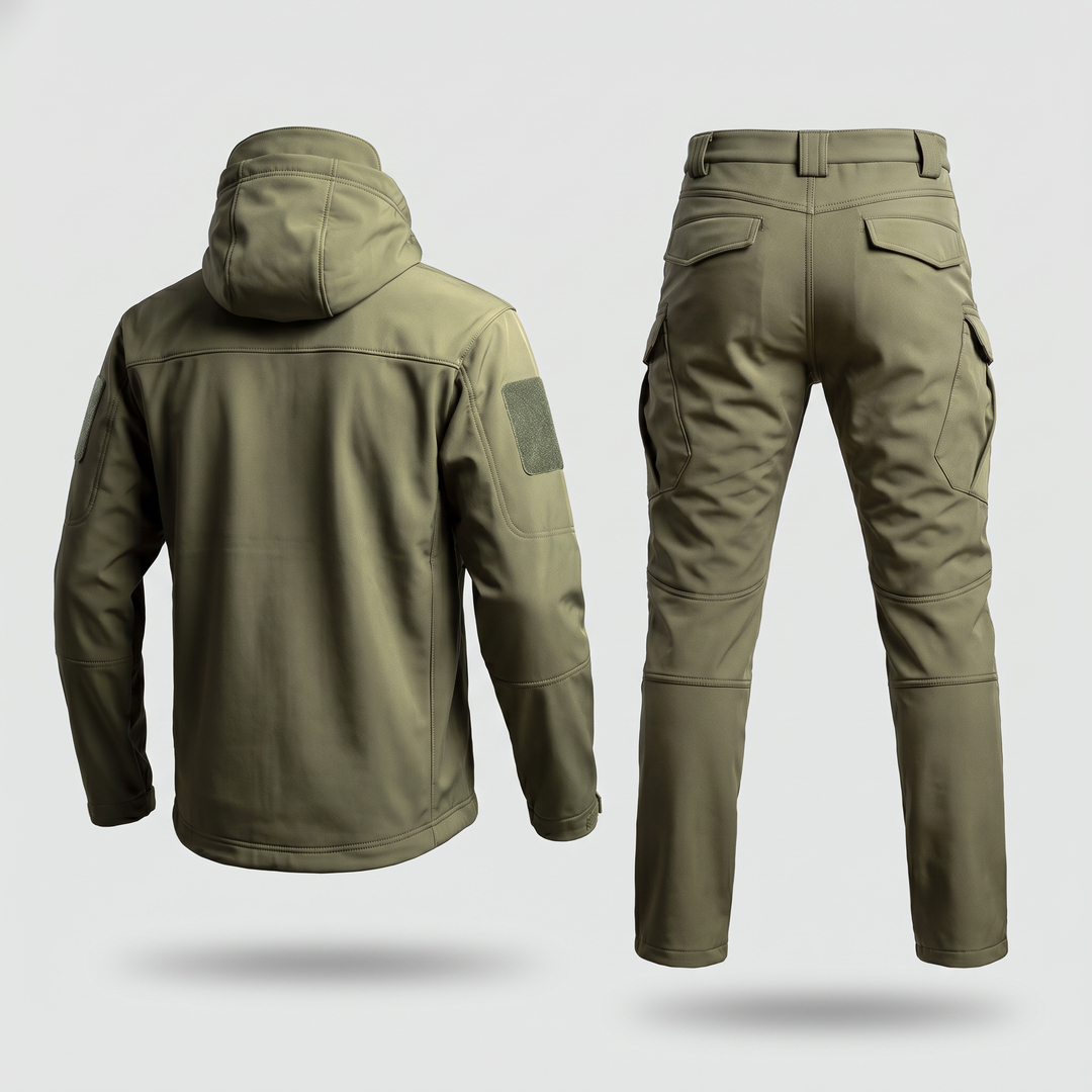 Back view of the softshell jacket and tactical pants