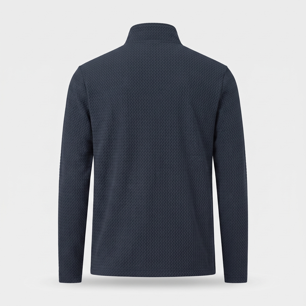 Back view of the quarter zip showing the plain textured back panel