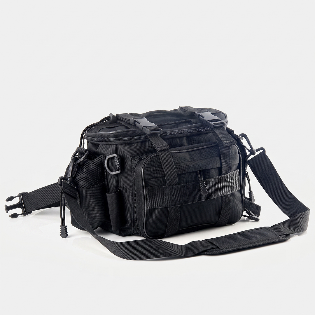 Activearo fishing tackle bag in Black, three quarter front view