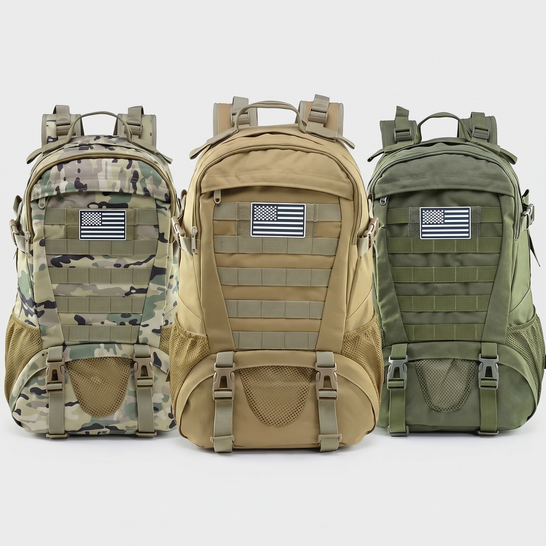 All three colourways of the tactical backpack shown together