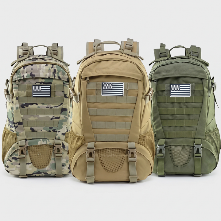 All three colourways of the tactical backpack shown together