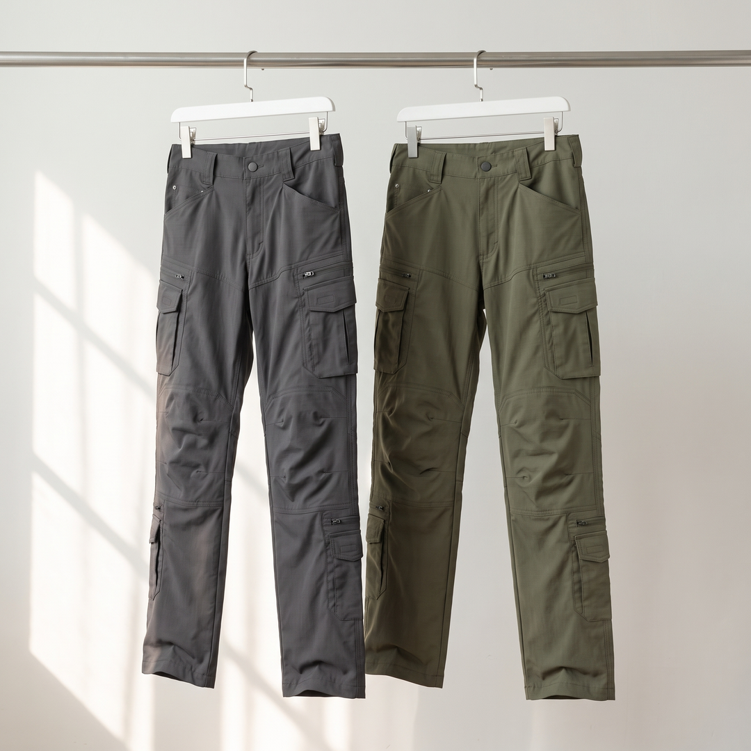 Men's tactical cargo pants in grey and army green hanging side by side